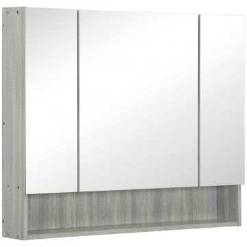 Dulap cu Oglinda, 4 Sectiuni, cu Rafturi Reglabile, din Lemn si Sticla, 90x15x75 cm, Gri