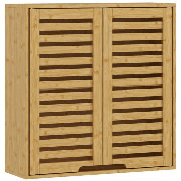 Dulap de Baie cu Raft Intern Reglabil si Usi Tip Lama, din Bambus, 60x20x60 cm, Culoare Lemn