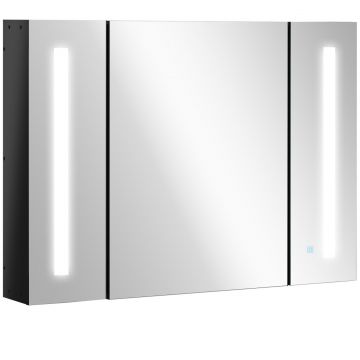 Dulap de Baie LED cu Oglinda , Dulap Suspendat cu 3 Usi, Rafturi Reglabile, Functie Memorie  incarcare USB