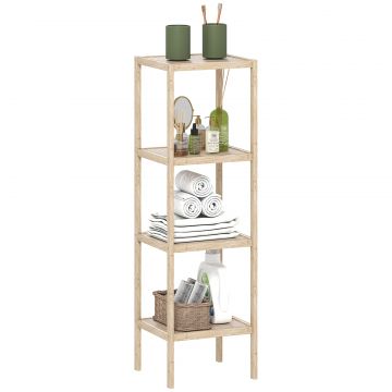 Dulap de Baie Modern cu 4 Rafturi Anti-Rasturnare, Dulap de Baie din Bambus si Lemn, 33x31x110 cm, Lemn Natural