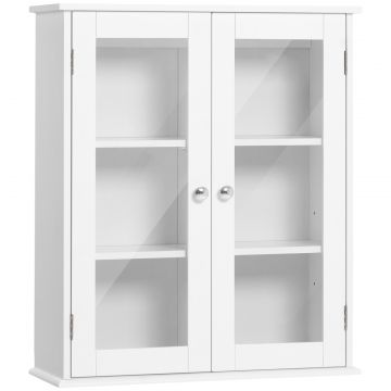Dulap de Baie Suspendat cu 2 Usi din Lemn si Sticla, Dulap de Perete Multifunctional, 55x20x65 cm, Alb