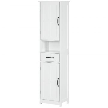 Dulap de Baie Tip Coloana din Lemn cu Raft Deschis, Sertar si 2 Dulapuri, 40x30x164 cm, Alb