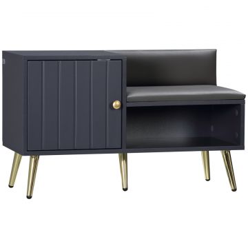 Dulap de pantofi de intrare cu scaun captusit, raft deschis si dulap, pentru 4 perechi de pantofi, lemn si metal, 80x33x49cm, gri