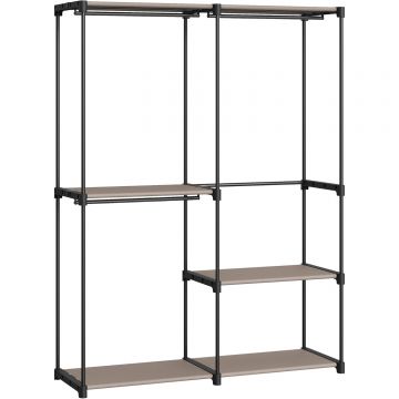 Dulap haine portabil 3 bare agatat si rafturi, 138x43x182 cm, organizare generoasa, maro taupe
