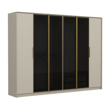 Dulap LUXE, 6 usi, alb + auriu + geam fumuriu, 274x52x210 cm
