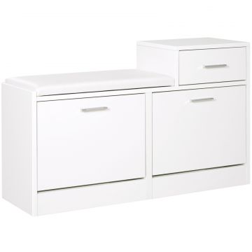 Dulap Modern pentru incaltaminte cu Banca Imbottita pentru 12 Perechi de Pantofi Lemn Alb