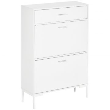 Dulap modern pentru pantofi, 12 perechi de pantofi cu 2 usi si sertar, din PAL, MDF si metal, 75x26x110 cm, alb
