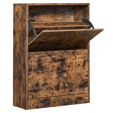 Dulap pantofi cu 2 usi rabatabile, din MDF, pentru 8-12 perechi, 60x24x84cm, maro rustic