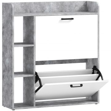 Dulap pentru pantofi slim cu 2 sertare rabatabile, Capacitate 15 perechi de pantofi, 83x24x90.5 cm, Gri