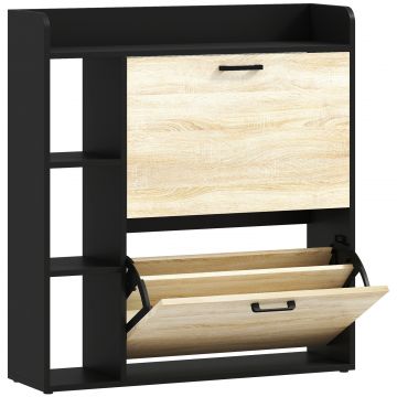 Dulap pentru pantofi slim cu 2 sertare si 3 compartimente deschise, Capacitate 15 perechi, 83x24x90.5 cm, Negru