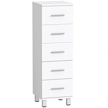 Dulap Slim pentru Baie cu 5 Sertare, Dulap Compact cu Manere Moderne, Comoda ingusta pentru Camera, Bucatarie sau Hol, 30x30x95 cm, Alb