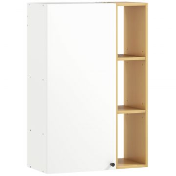 Dulap Suspendat pentru Baie cu Rafturi Reglabile si 3 Polite Deschise, 59,5x30x90 cm, Alb si Lemn