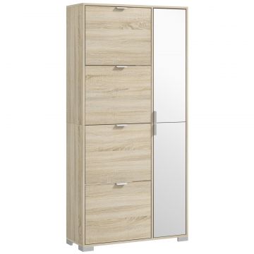 Etajera pentru Pantofi cu Oglinda, 4 Sertare Rabatabile si 2 Dulapuri, 82x30x168 cm, Culoare Stejar