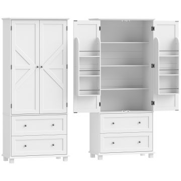 HOMCOM Bufet înalt bucătărie, dulap de bucătărie 2 uși, 2 sertare, 6 suporturi pe uși, rafturi reglabile, 80x39,5x184,5cm, alb | Aosom Romania
