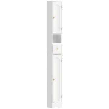 HOMCOM Dulap de baie îngust cu sertar uși arcuite compartiment deschis raft reglabil 20x20x185 cm Alb | Aosom Romania