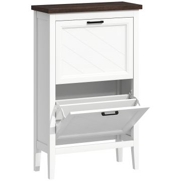HOMCOM Dulap pentru Pantofi cu 2 Sertare Rabatabile, Design Country Slim cu Rafturi Reglabile, Organizator Freestanding pentru Intrare, Hol, Living, Capacitate 8-12 Perechi, Alb | Aosom Romania