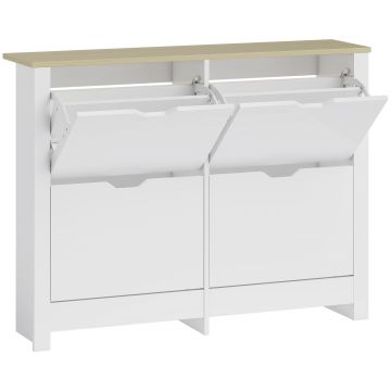 HOMCOM Dulap pentru pantofi îngust cu 4 compartimente rabatabile pentru 8–16 perechi de pantofi, 105 x 26 x 80 cm, Alb+Natural | Aosom Romania