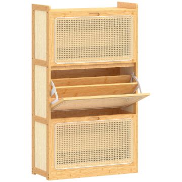 HOMCOM Pantofar Îngust din Bambus cu 3 Sertare Rabatabile din Ratan pentru 18-21 Perechi de Încălțăminte 69x29x119,8 cm Natural | Aosom Romania