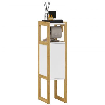 Mobilier de Baie cu Suport pentru Hartie Igienica, Dulap si Raft, Dulap Compact din Bambus, 20x33x80 cm, Alb