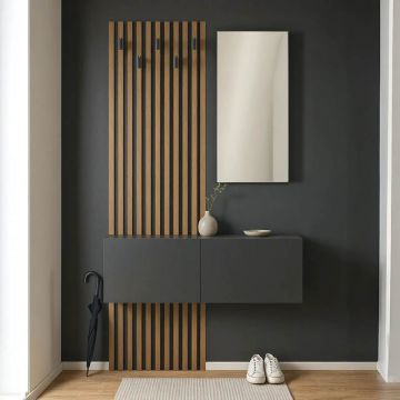 Mobilier de intrare Arika cu oglinda si Riflaj, Stejar-antracit, 100x37x199 cm