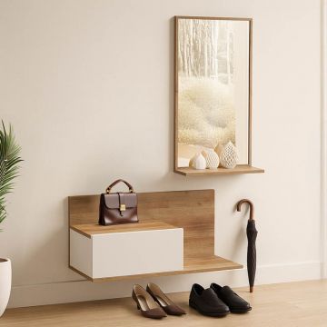 Mobilier de intrare cu oglinda Miranda, Alb-Stejar, Lemn, 60x30x89 cm - adauga stil și functionalitate holului tau!