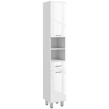 Mobilier pentru Baie cu 1 Sertar 3 Rafturi Ajustabile si 2 Dulapuri, 30x30x180 cm, Alb Lucios