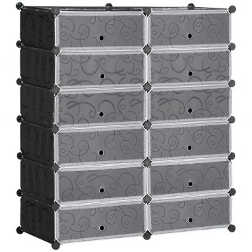 Mobilier pentru incaltaminte modular, 12 cuburi 45x35x16cm din plastic PP si otel, negru si alb