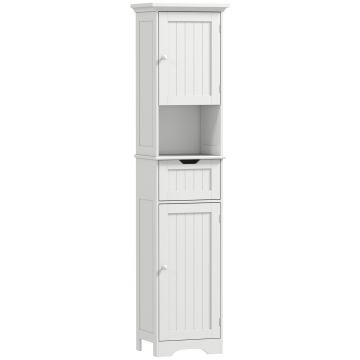 Mobilier Vertical de Baie Slim cu 2 Dulapuri cu Usi, LED cu Senzor, Mobilier Compact cu Raft Deschis, Sertar, Picioare Reglabile, 40x30x170 cm, Alb