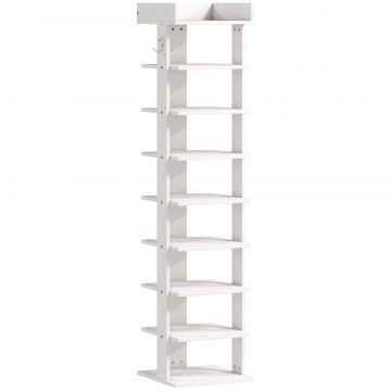 Pantofar 9 niveluri organizator din lemn pentru pantofi cu raft superior si 2 carlige, pentru hol, Alb