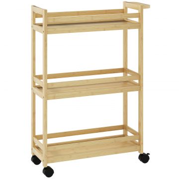 Raft de Baie din Bambus cu 3 Niveluri, Carucior Organizator cu Roti pentru Bucatarie, Baie, Living, 55 x 20 x 75 cm - Natural