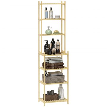 Raft Mobil pentru Baie cu 7 Polite, Depozitare si Organizare, Dulap din Bambus, 44x33x180 cm, Culoare Lemn