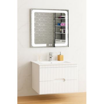 Set Baza front MDF cu Lavoar si Oglinda cu iluminare LED, seria 009, suspendata, cu sertare, 80 cm, alb