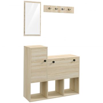 Set de hol cu cuier de perete cu 4 carlige, dulap pentru 9 perechi de pantofi, dulap si oglinda