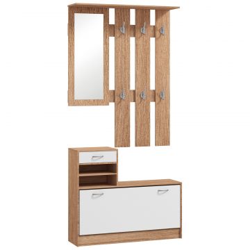 Set Mobilier Modern cu Etajera pentru Pantofi, Oglinda cu 6 Carlige, 2 Rafturi si Sertare, 90x24x177 cm, Lemn Natural