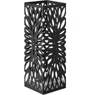 Suport umbrele metalic cu recipient apa, 4 carlige, decupaje geometrice, otel si plastic, 16x16x41 cm, negru