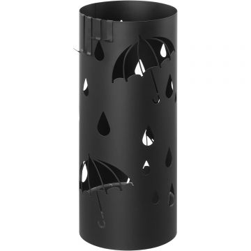 Suport umbrele metalic cu recipient apa, 4 carlige, decupaje tematice, compact, 17x17x41 cm, negru