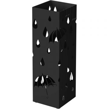 Suport umbrele metalic cu recipient detasabil apa, 4 carlige, decupaje decorative, 16x16x49 cm, negru