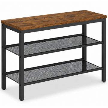 Banca pentru pantofi 3 rafturi, cu polite metalice si blat PAL, cadru otel, 75x28x50 cm, maro rustic