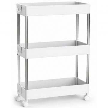 Carucior ingust de depozitare pe roti, pentru bucatarie sau baie, din plastic, cu 3 nivele, 42x14x61 cm, alb