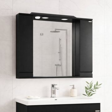 Dulap baie suspendat seria 786 cu oglinda, front MDF, montat, negru, 80x71 cm
