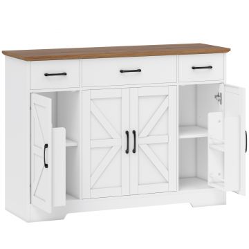 HOMCOM Bufet Bucătărie Rustic, Bufet cu Uși Soft-Close, 3 Sertare, 3 Rafturi Reglabile, Portaspecii, PAL, MDF, Alb | Aosom Romania