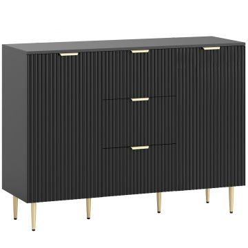 HOMCOM Bufet mobilier bucătărie depozitare cu 3 sertare, rafturi reglabile, dulapuri cu uși canelate, 120 x 40 x 90 cm, negru | Aosom Romania