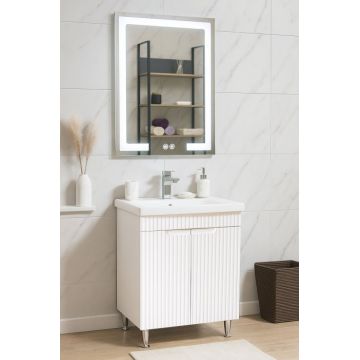Set Baza front MDF cu Lavoar si Oglinda cu iluminare LED, seria 733, 60 cm, alb