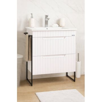 Set Baza front MDF si Lavoar seria 033, cadru metalic, cu sertare, montata, 60 cm, alb rustic