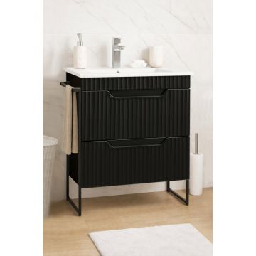 Set Baza front MDF si Lavoar seria 033, cadru metalic, cu sertare, montata, 60 cm, negru