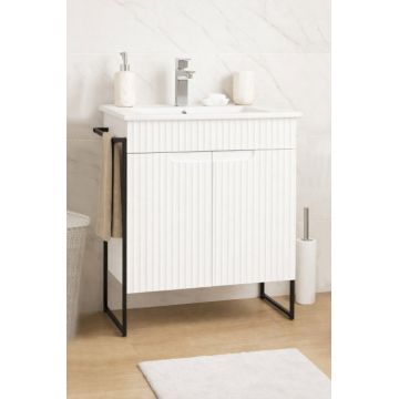 Set Baza front MDF si Lavoar seria 033, cadru metalic, montata, 60 cm, alb rustic