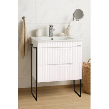 Set Baza front MDF si Lavoar seria 033, cadru metalic, sertare, montata, 60 cm, alb rustic