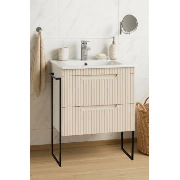 Set Baza front MDF si Lavoar seria 033, cadru metalic, sertare, montata, 60 cm, crem