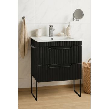 Set Baza front MDF si Lavoar seria 033, cadru metalic, sertare, montata, 60 cm, negru
