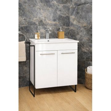 Set Baza front MDF si Lavoar seria 054, cadru metalic, montata, 60 cm, alb